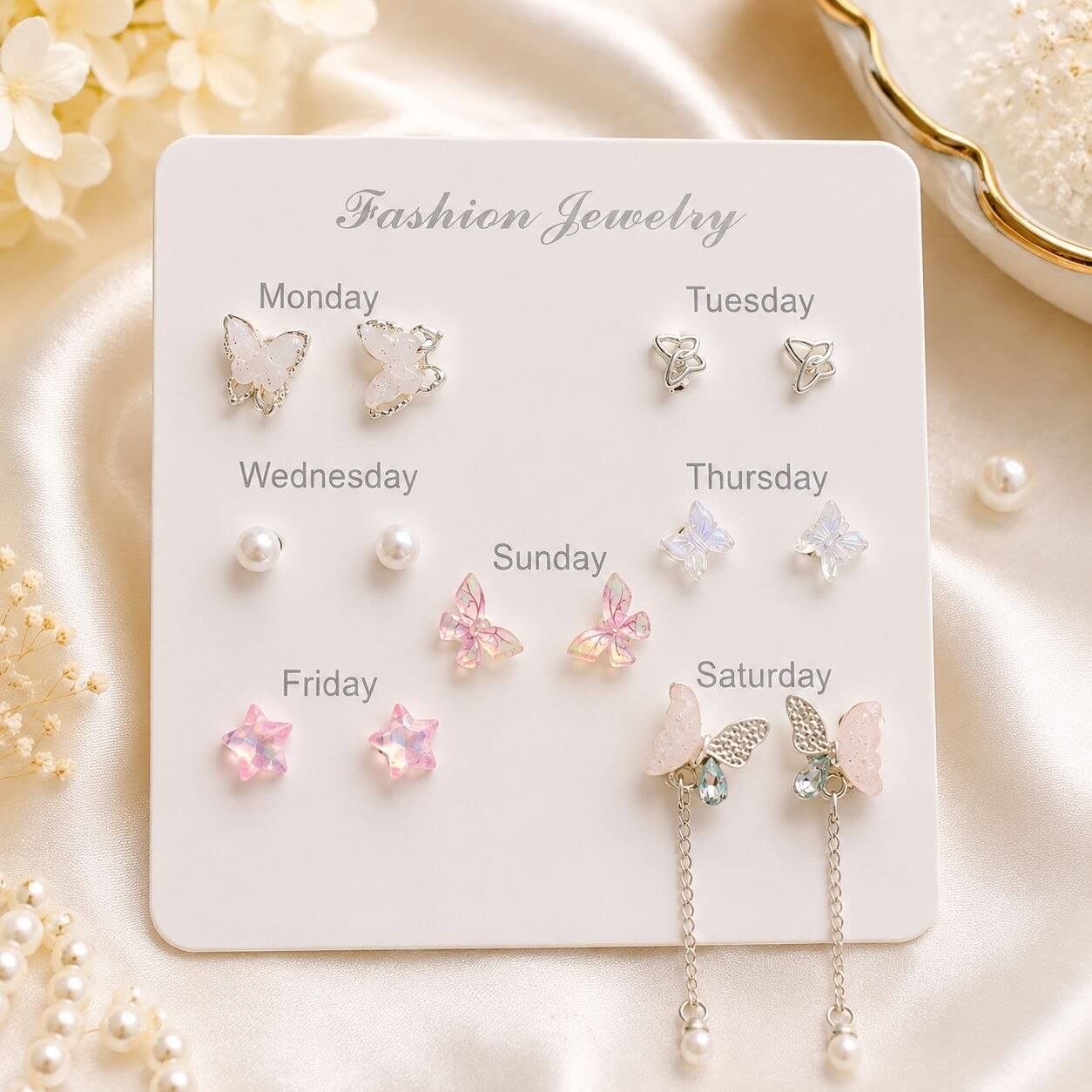 7 Days Butterfly & Pearl Earrings Set 🦋